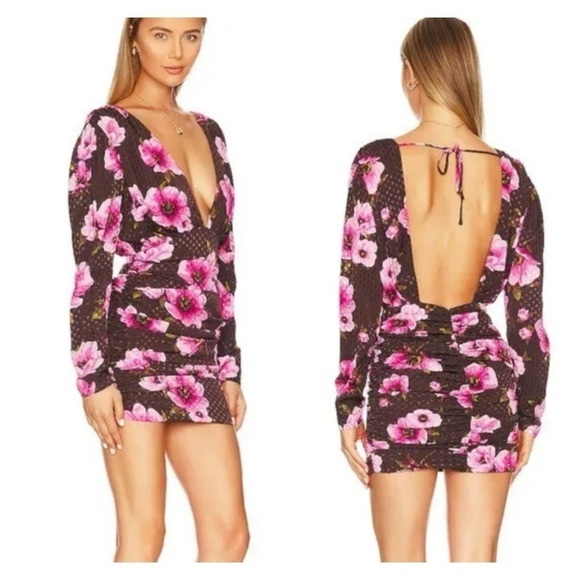 Lovers + Friends Dresses & Skirts - LOVERS + FRIENDS Brown Pink Floral Ruched Open Back Mini Dress XS NWT